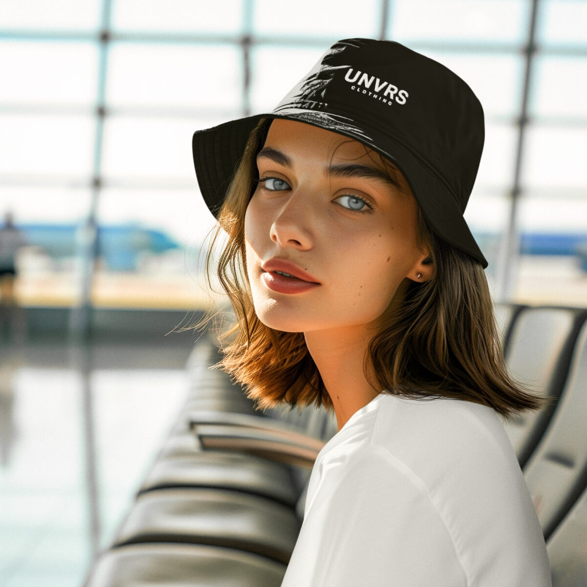 Female model wearing a UNVRS bucket hat featuring the brand’s logo prominently on the front. The hat’s classic silhouette and minimalist design offer a stylish and practical accessory, perfect for completing any streetwear look. Ideal for sunny days and festivals, it captures the playful yet edgy vibe of Ibiza’s fashion scene