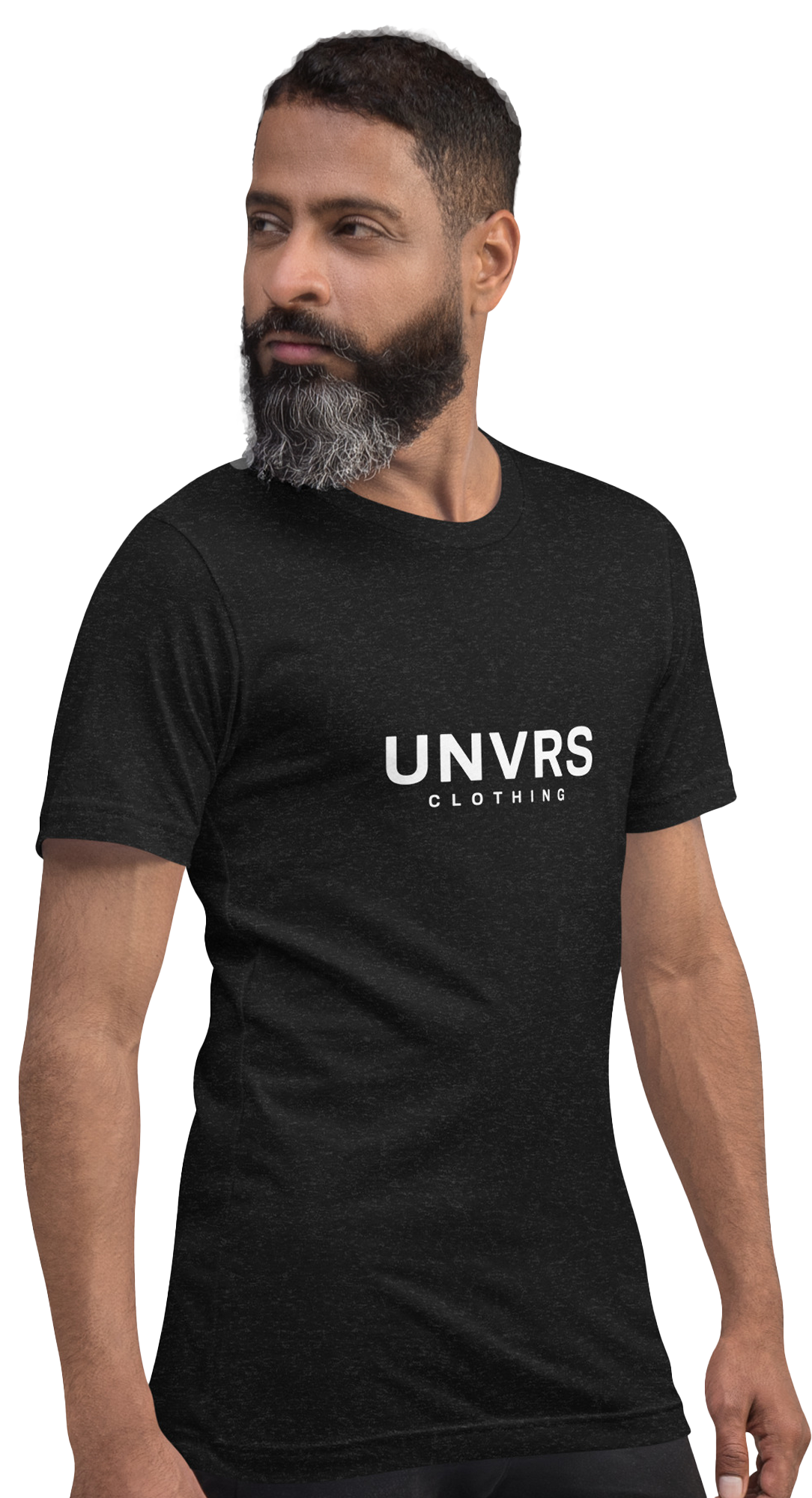 Male model wearing a classic black UNVRS t-shirt with a relaxed fit and bold logo on the front. This shirt combines comfort and style, making it perfect for casual wear or a night out. Ideal for those who want to express a modern streetwear vibe inspired by Ibiza’s fashion club culture.