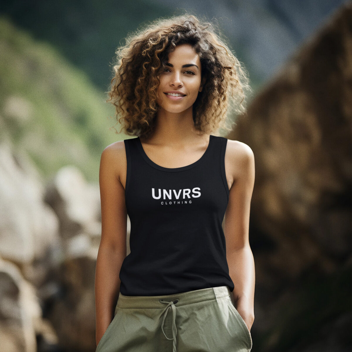 Female model wearing a UNVRS tank top featuring a sleeveless design and relaxed fit, perfect for a sporty yet chic look. The lightweight fabric and minimalist branding make it ideal for workouts, layering, or casual wear. Styled for comfort and versatility, it captures the essence of Ibiza’s effortlessly cool streetwear vibe.