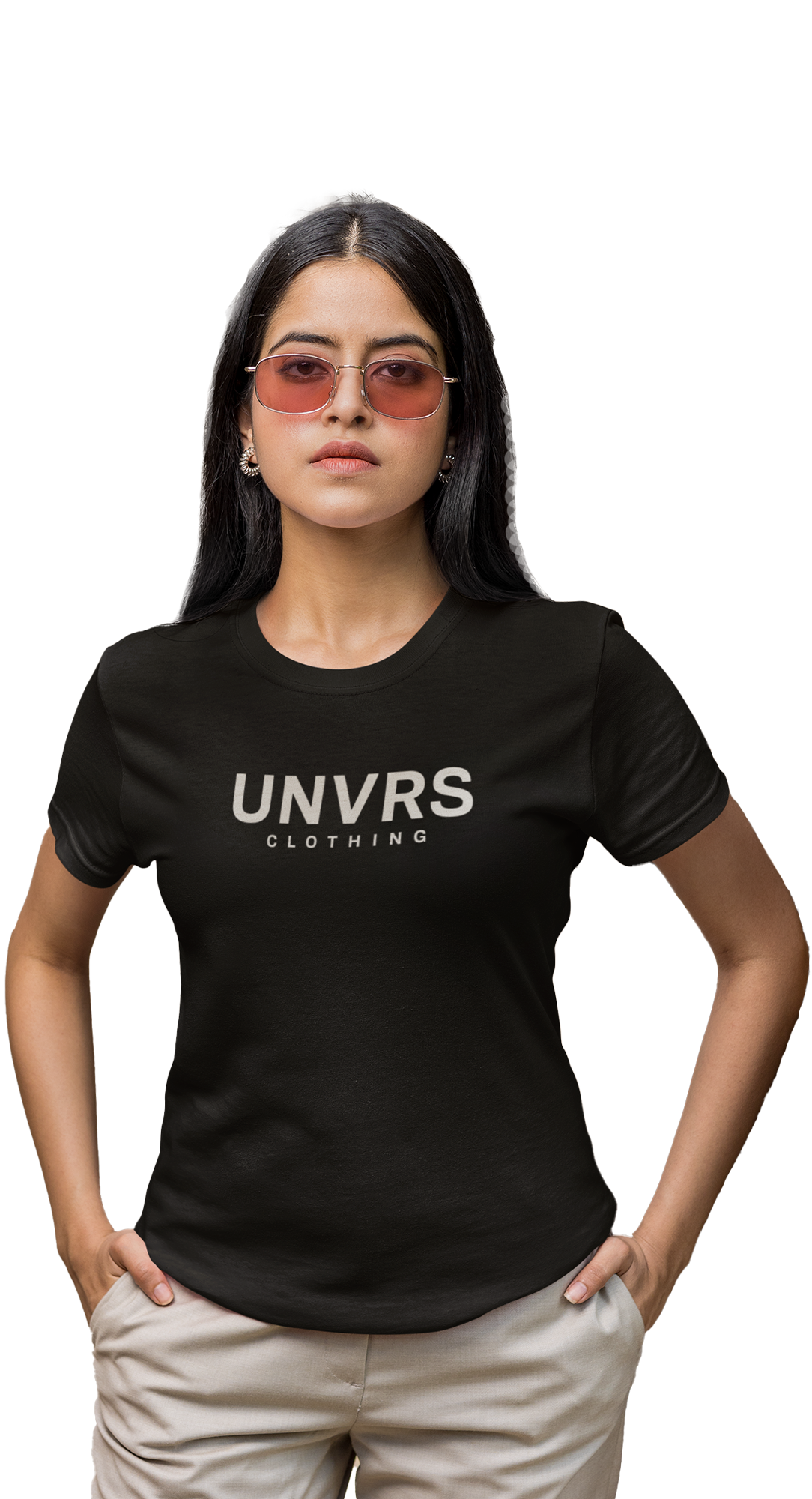 Female model wearing a fitted UNVRS t-shirt with minimalist branding across the chest. The shirt offers a versatile look, perfect for casual outings or club-inspired fashion, representing Ibiza’s unique streetwear style.